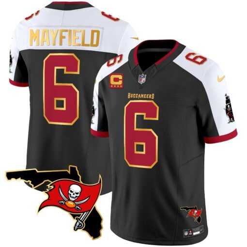 Men%27s Tampa Bay Buccaneers #6 Baker Mayfield Black White With Florida Patch Gold Trim Vapor Stitched Jersey Dyin